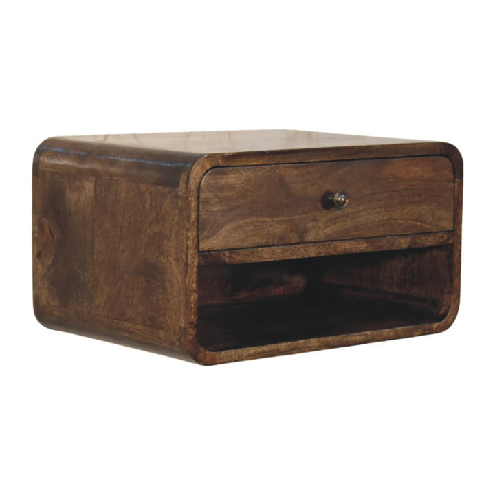 Brown Lacquered Classic Grey Solid Mango Wood Rounded Edge Bedside with 1 Drawer & Open Niche
