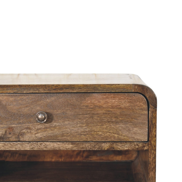 Brown Lacquered Classic Grey Solid Mango Wood Rounded Edge Bedside with 1 Drawer & Open Niche