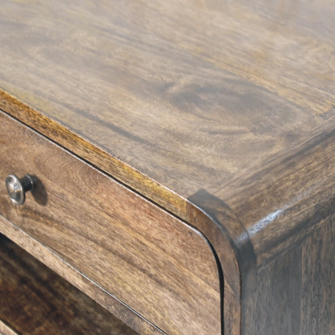 Brown Lacquered Classic Grey Solid Mango Wood Rounded Edge Bedside with 1 Drawer & Open Niche