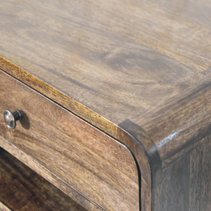 Brown Lacquered Classic Grey Solid Mango Wood Rounded Edge Bedside with 1 Drawer & Open Niche