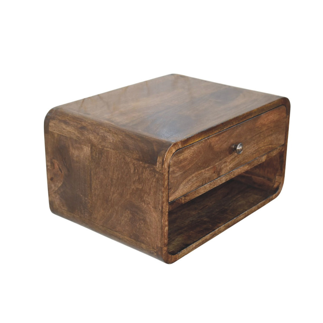 Brown Lacquered Classic Grey Solid Mango Wood Rounded Edge Bedside with 1 Drawer & Open Niche