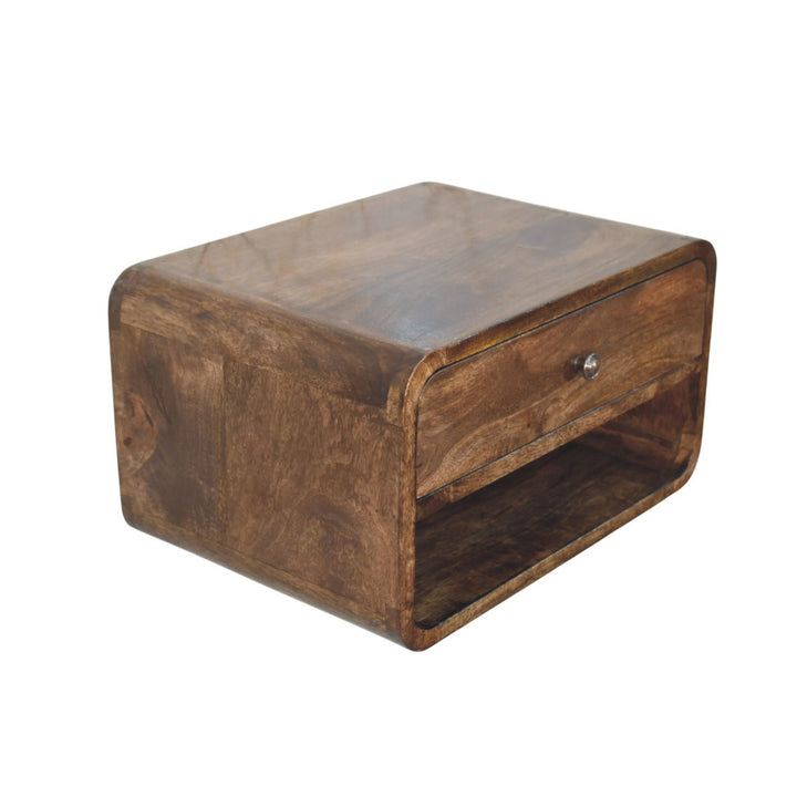 Brown Lacquered Classic Grey Solid Mango Wood Rounded Edge Bedside with 1 Drawer & Open Niche