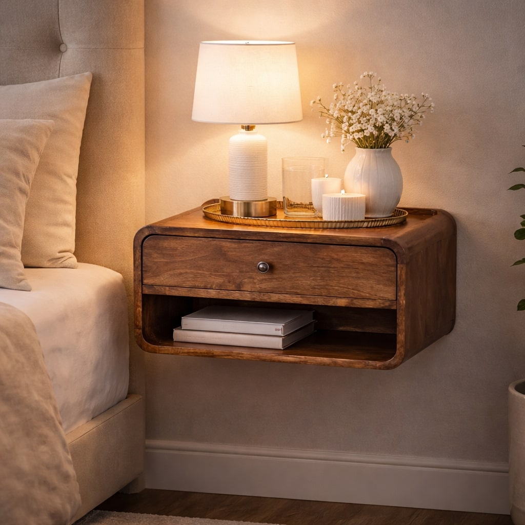 Brown Lacquered Classic Grey Solid Mango Wood Rounded Edge Bedside with 1 Drawer & Open Niche