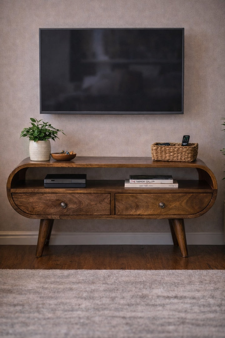 Brown Lacquered Classic Grey Solid Mango Wood 2-Drawer Module TV Stand with Tapered Legs