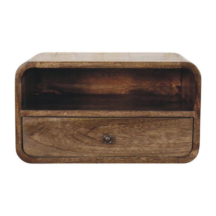 Brown Lacquered Amber Oak Solid Mango Wood Open Slot Wall-Mounted Bedside Table