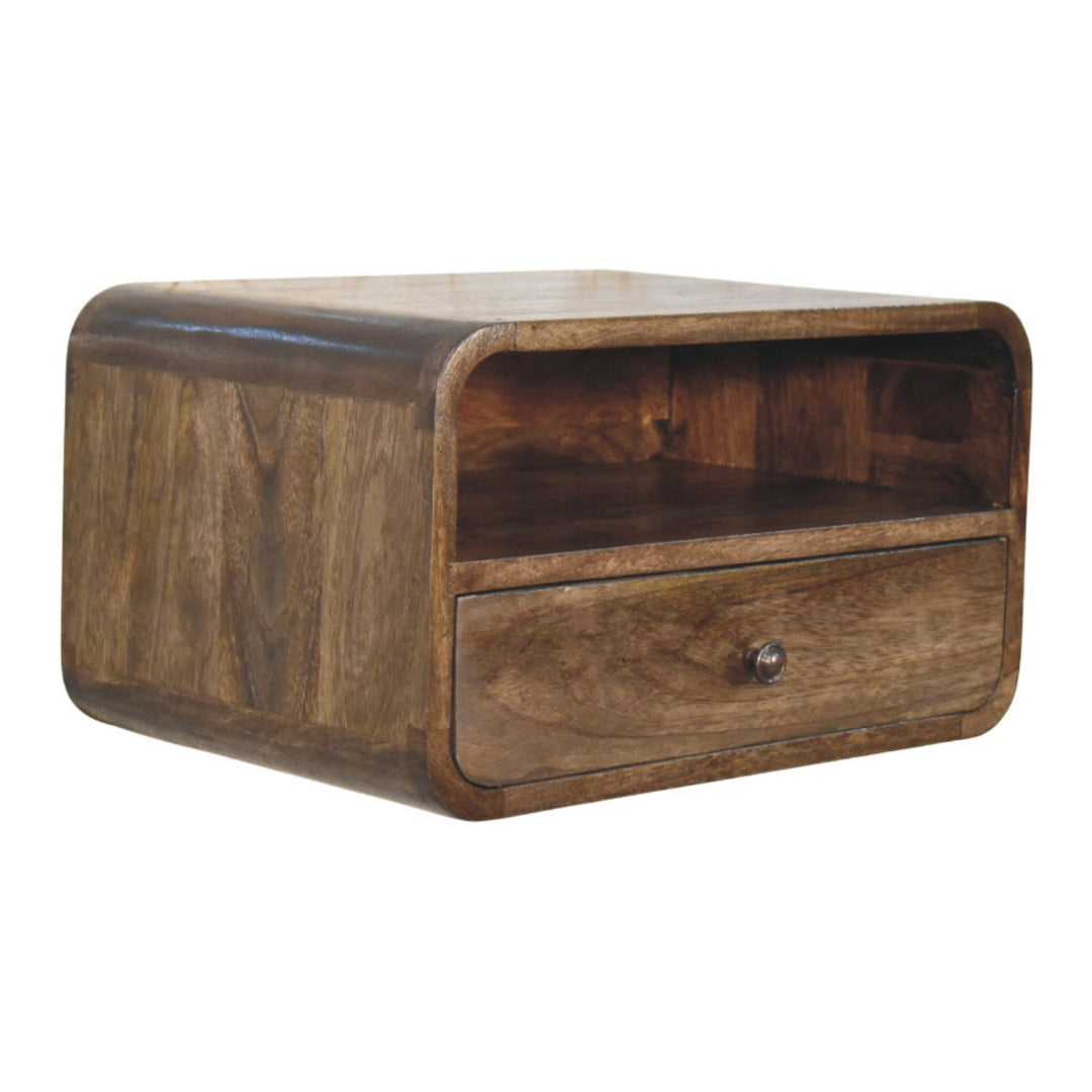 Brown Lacquered Amber Oak Solid Mango Wood Open Slot Wall-Mounted Bedside Table