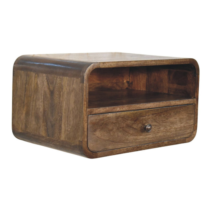 Brown Lacquered Amber Oak Solid Mango Wood Open Slot Wall-Mounted Bedside Table