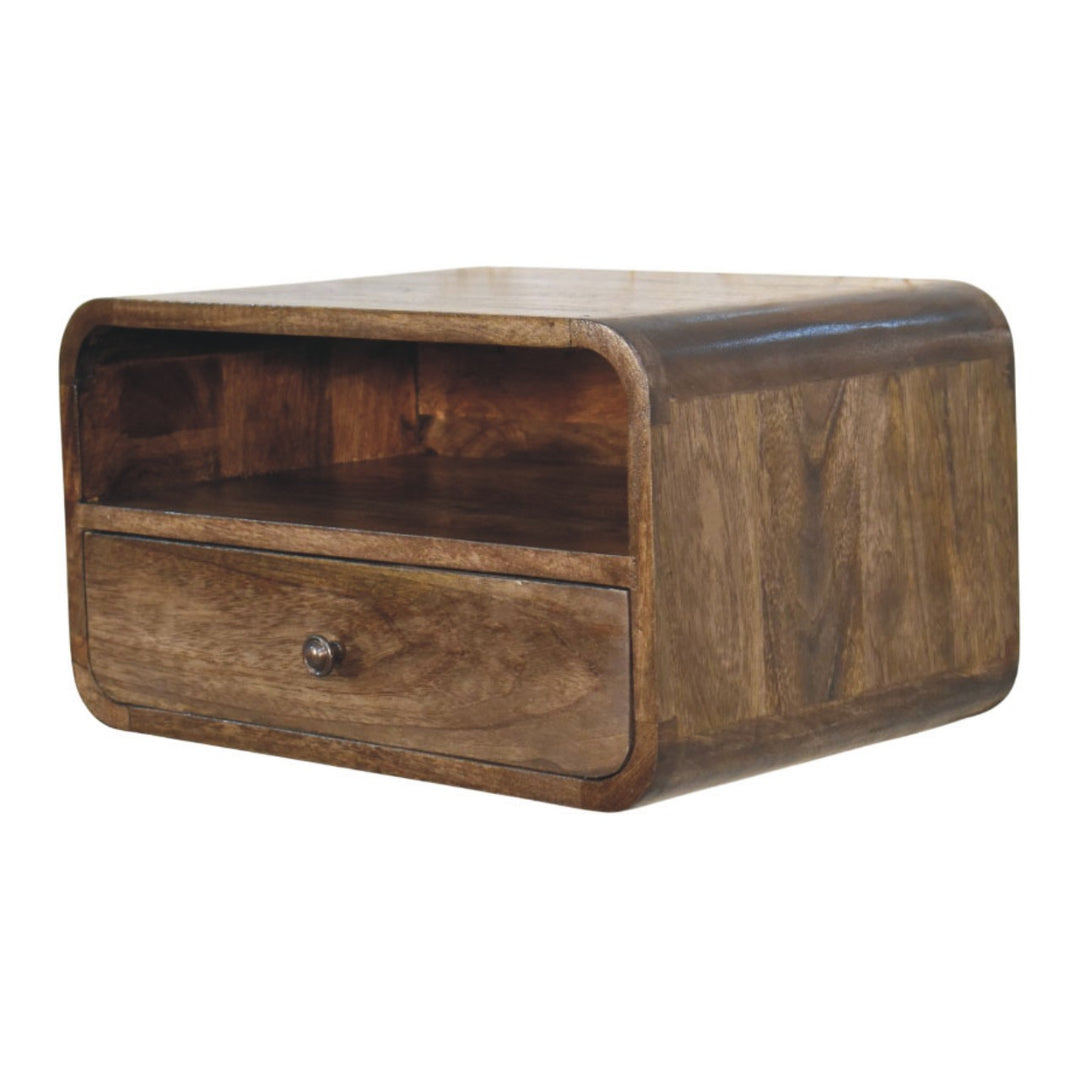 Brown Lacquered Amber Oak Solid Mango Wood Open Slot Wall-Mounted Bedside Table