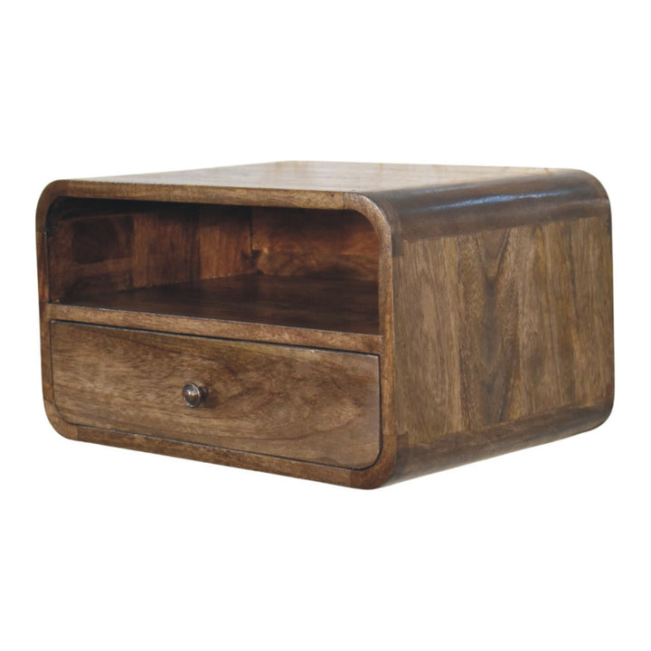 Brown Lacquered Amber Oak Solid Mango Wood Open Slot Wall-Mounted Bedside Table