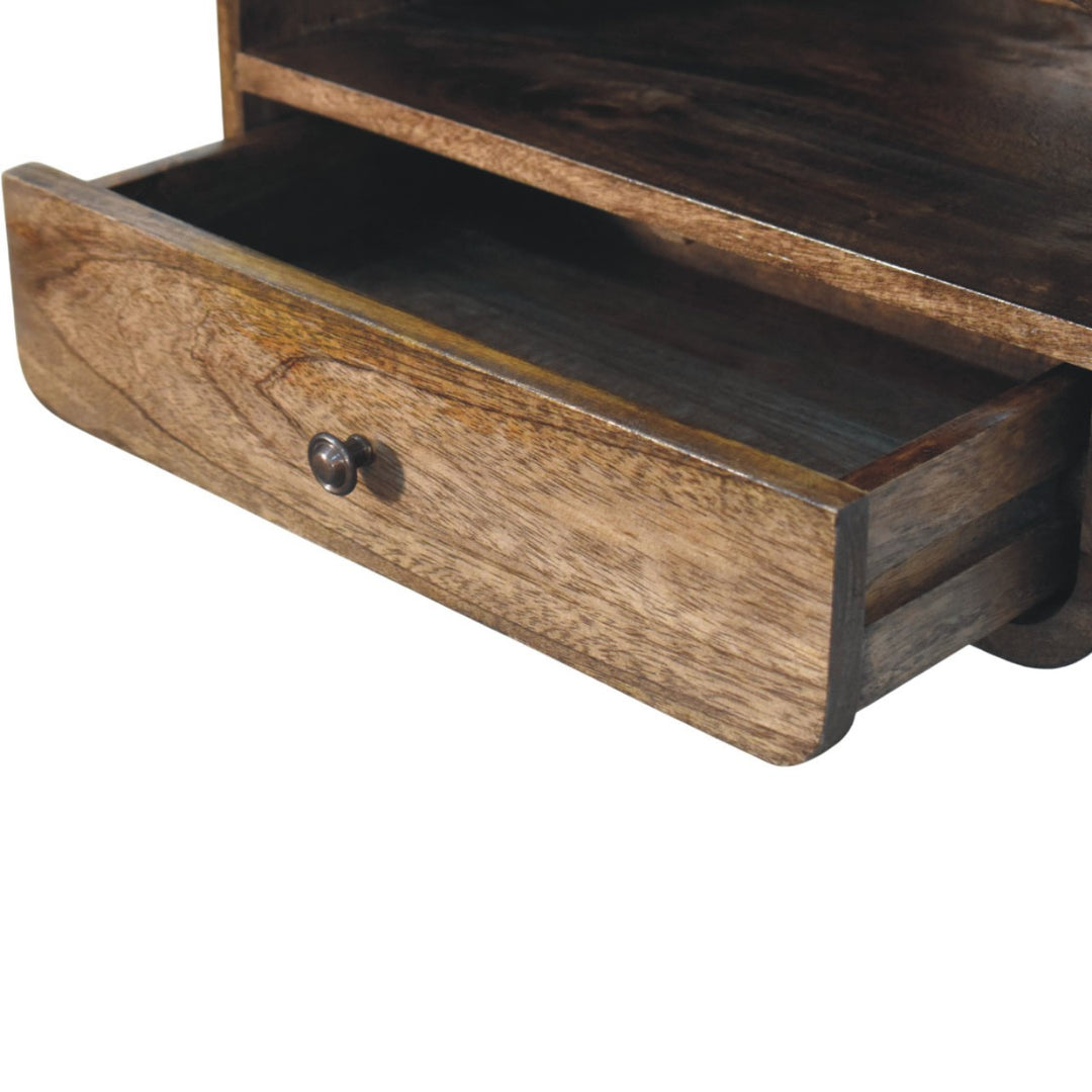 Brown Lacquered Amber Oak Solid Mango Wood Open Slot Wall-Mounted Bedside Table
