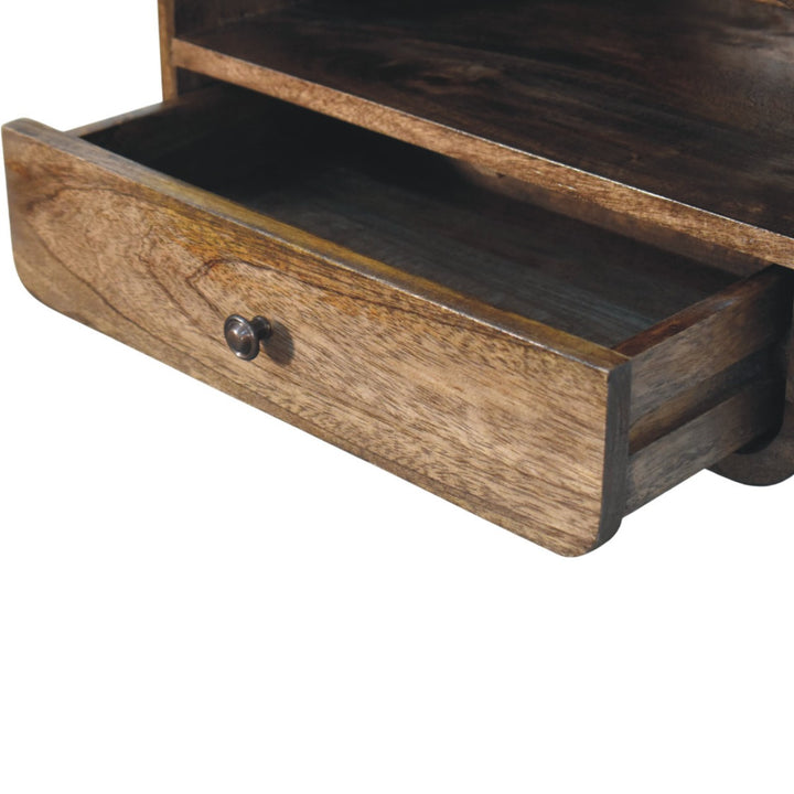 Brown Lacquered Amber Oak Solid Mango Wood Open Slot Wall-Mounted Bedside Table