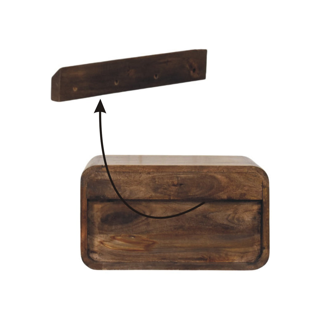Brown Lacquered Amber Oak Solid Mango Wood Open Slot Wall-Mounted Bedside Table