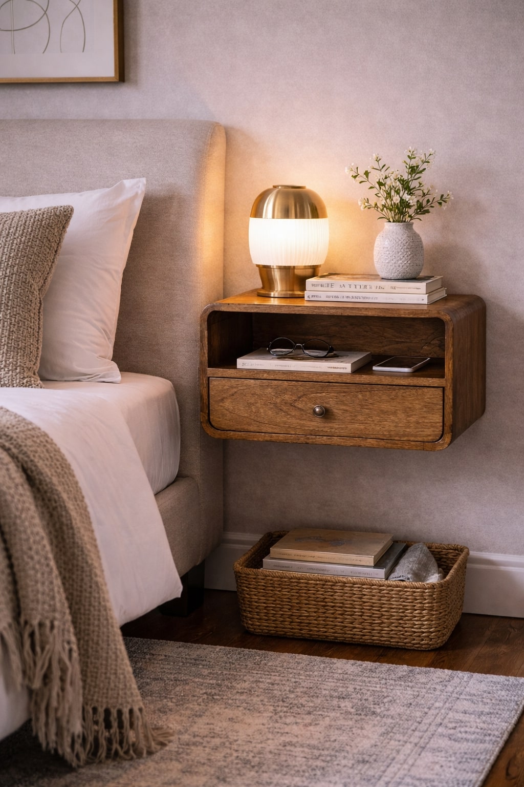 Brown Lacquered Amber Oak Solid Mango Wood Open Slot Wall-Mounted Bedside Table