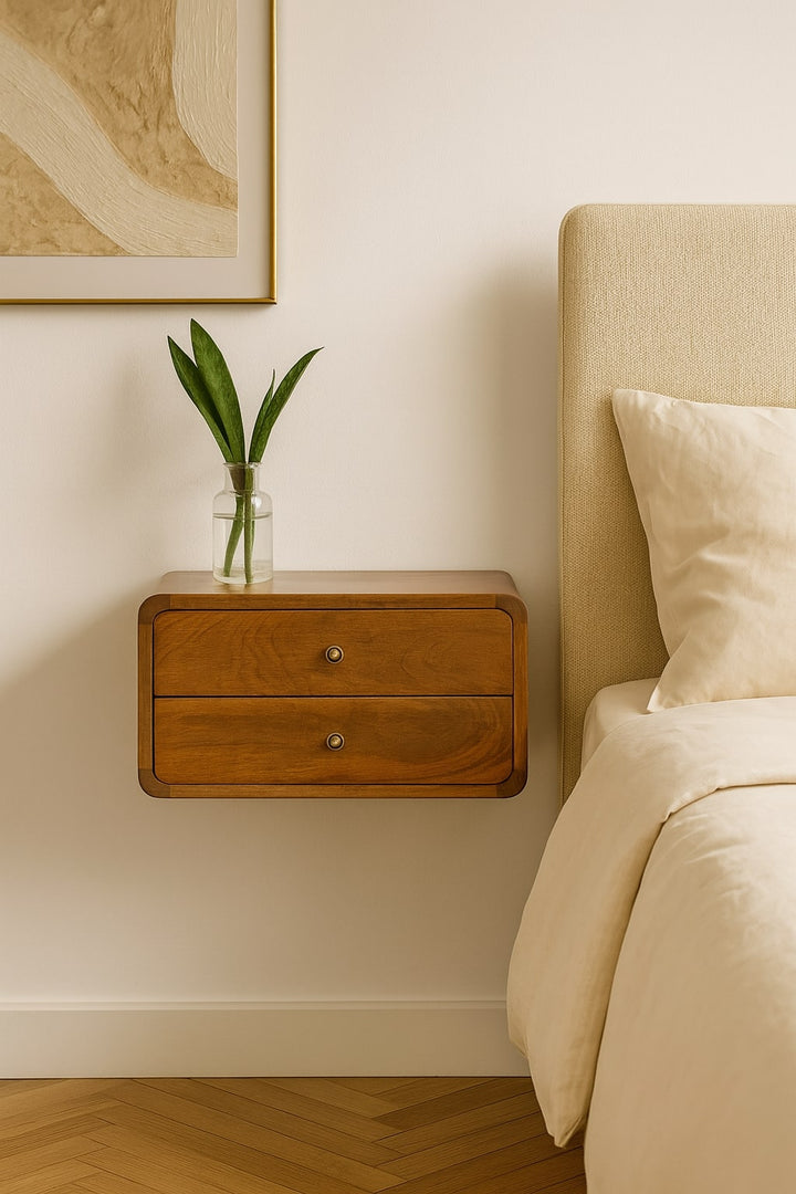 Chocolate Brown Lacquered Solid Mango Wood Curved Floating Nightstand with Brass Knobs & Nordic Legs