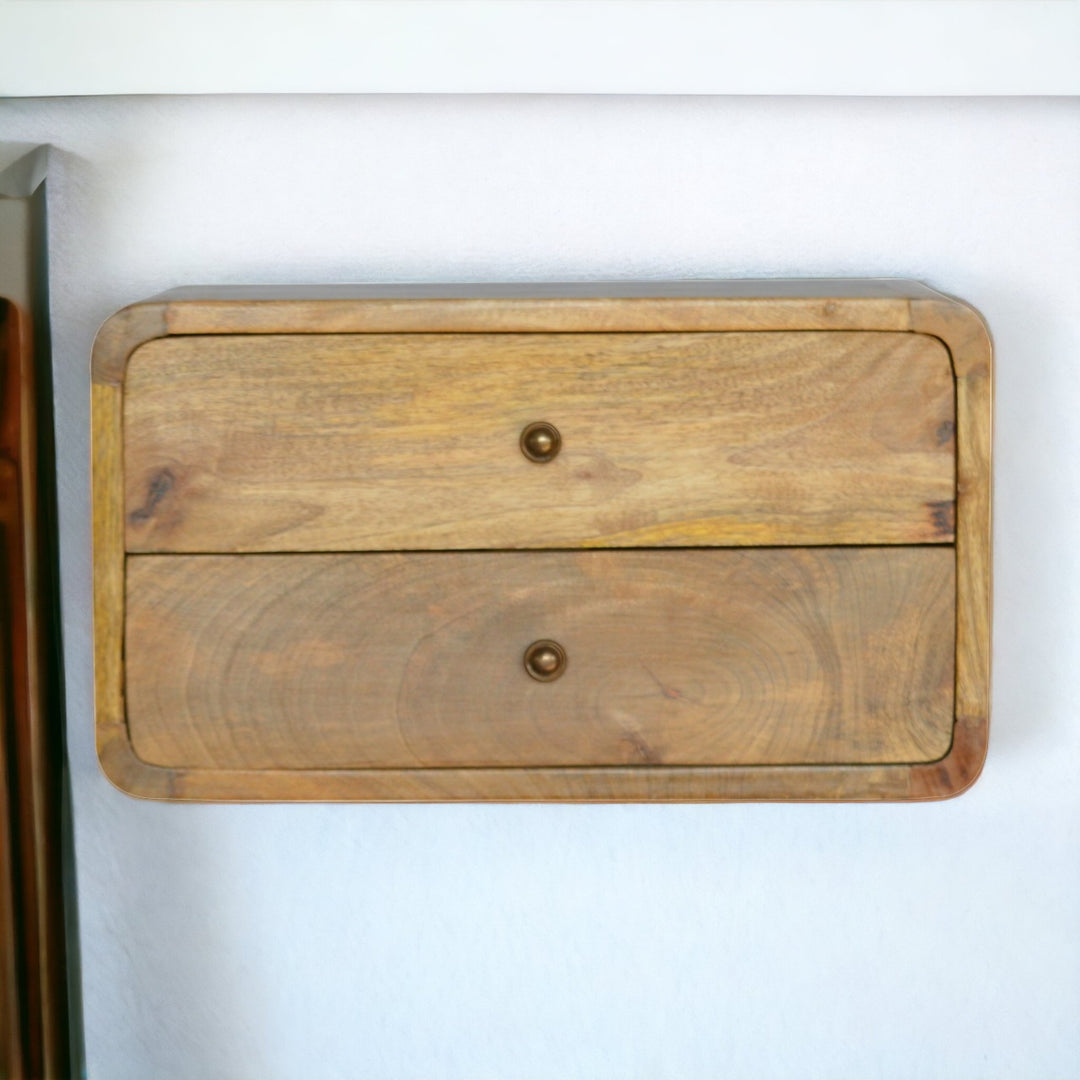 Solid Mango Wood Floating Wall-Mounted Nightstand with 2 Drawers | Oak Veneer Finish | 45 x 32 x 25 cm