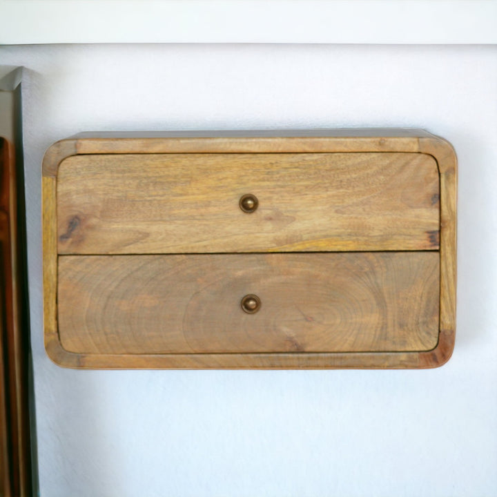 Solid Mango Wood Floating Wall-Mounted Nightstand with 2 Drawers | Oak Veneer Finish | 45 x 32 x 25 cm