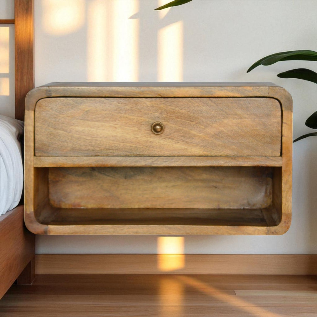 Beige Oak Veneer Solid Mango Wood Curved Compact Bedside with 2 Drawers & Nordic Legs