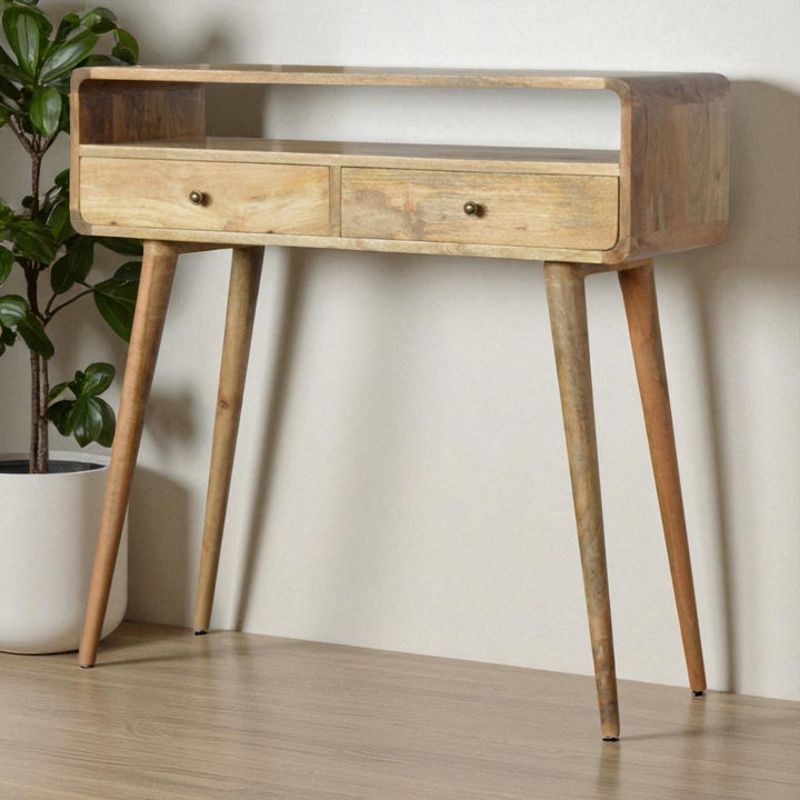 Beige Oak Veneer Solid Mango Wood Curved Console Table with 3 Drawers & Brass Knobs