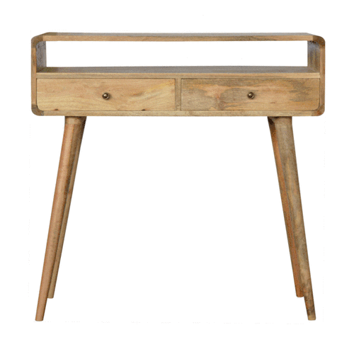 Beige Oak Veneer Solid Mango Wood Curved Console Table with 3 Drawers & Brass Knobs