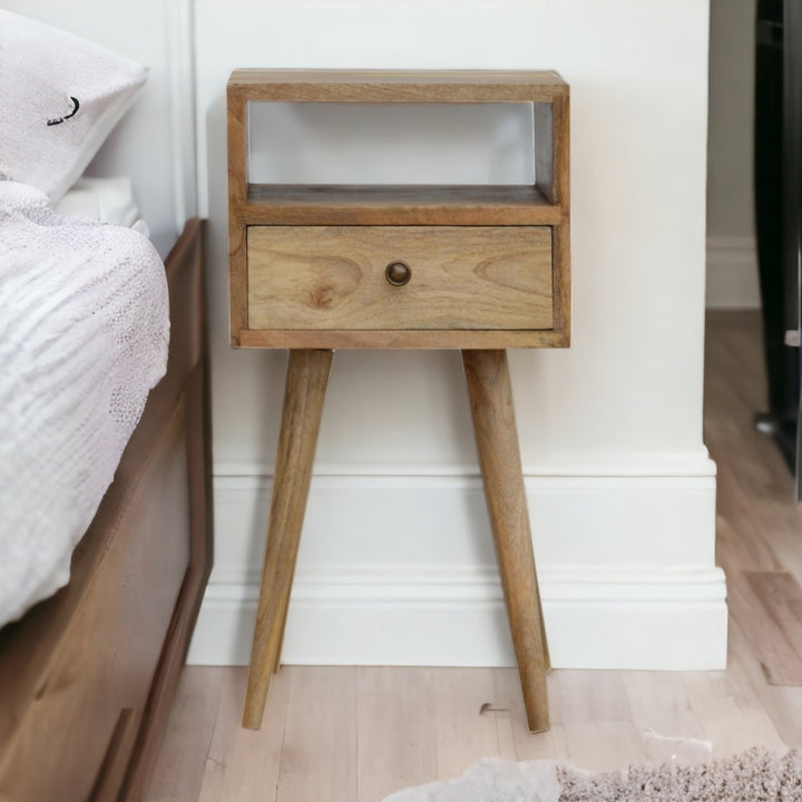 Solid Mango Wood Mini Circular Bedside Table with 1 Drawer & Open Shelf | Oak Veneer Finish | 30 x 30 x 57 cm