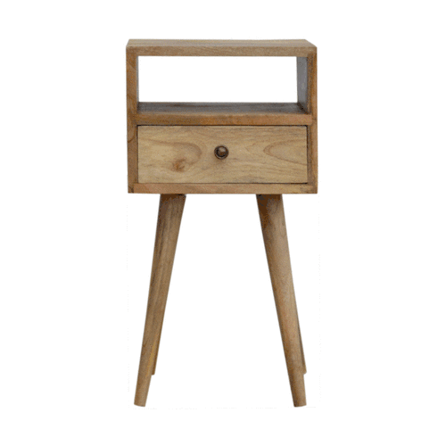 Solid Mango Wood Mini Circular Bedside Table with 1 Drawer & Open Shelf | Oak Veneer Finish | 30 x 30 x 57 cm
