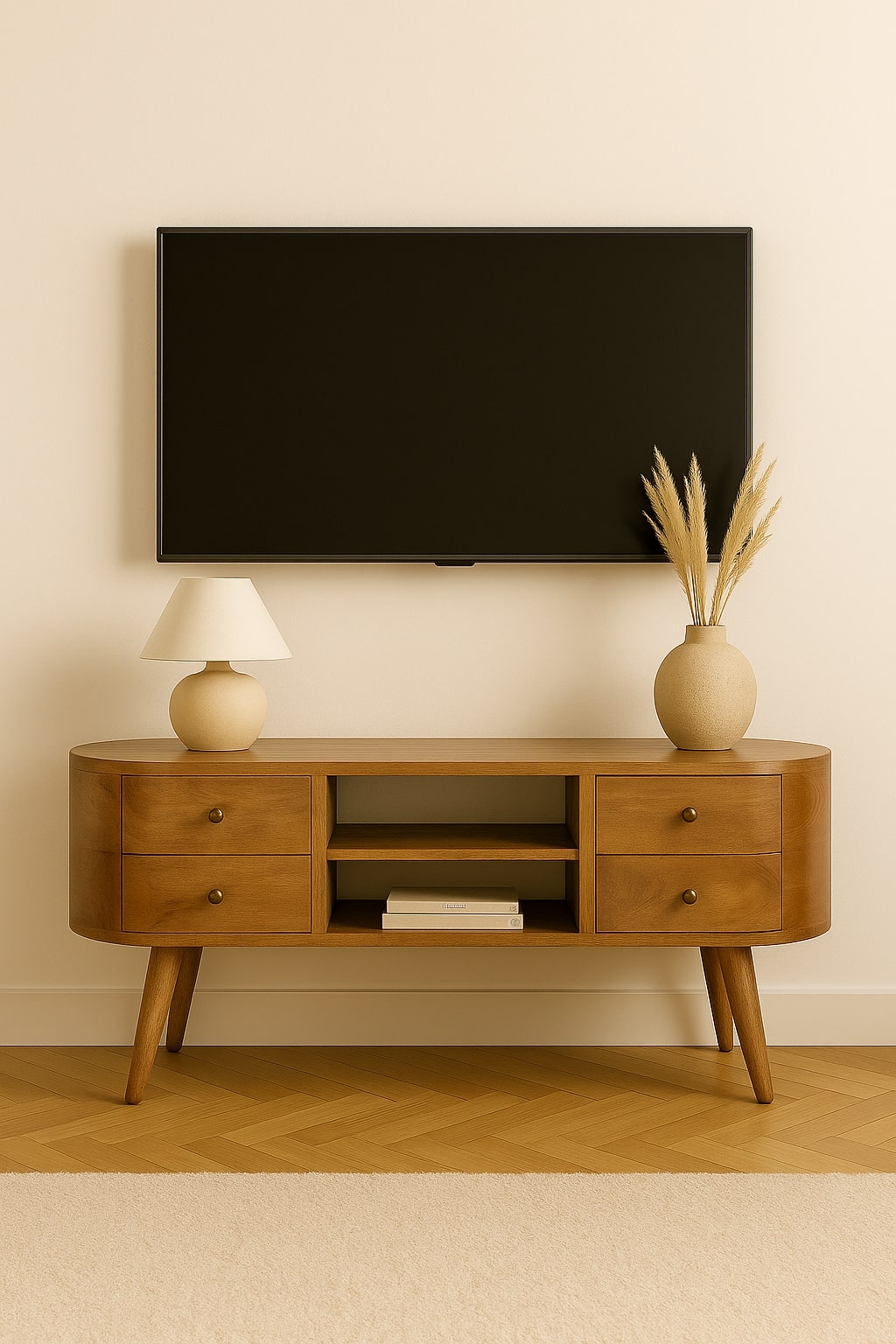 Solid Mango Wood Rounded Media Unit with 4 Drawers, 2 Open Shelves & Nordic Legs | Oak Finish | 110 x 35 x 47 cm