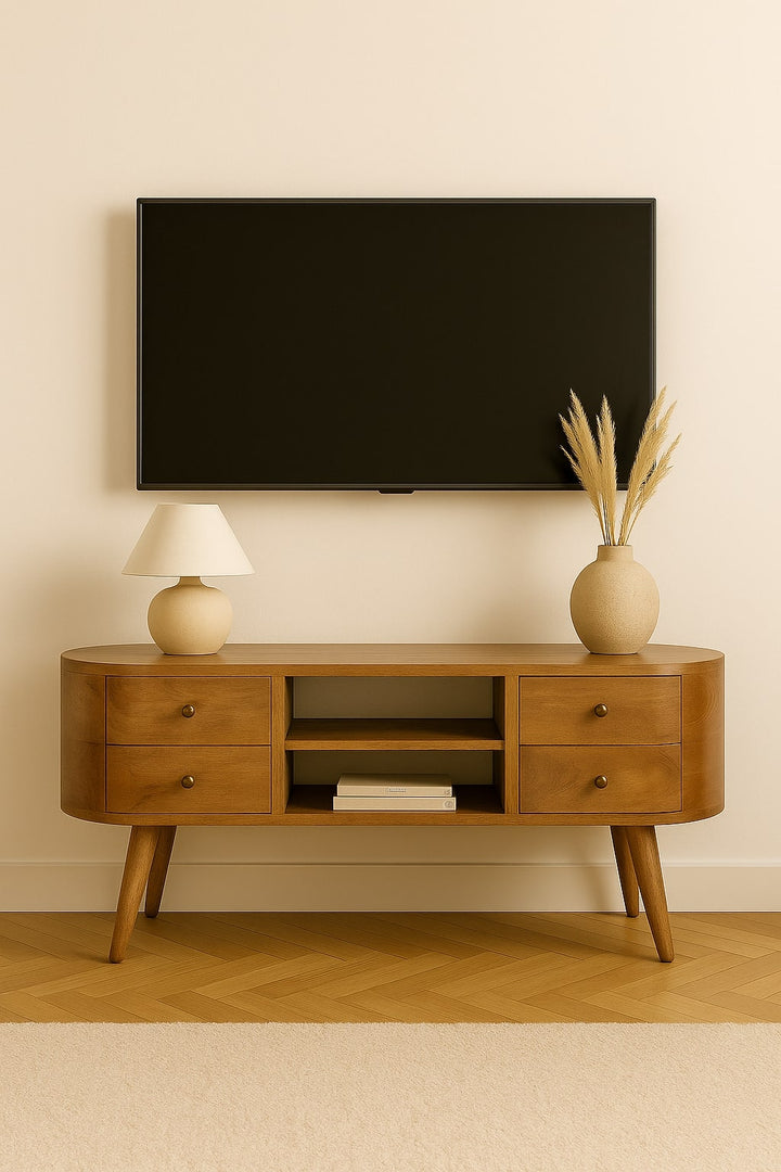 Solid Mango Wood Rounded Media Unit with 4 Drawers, 2 Open Shelves & Nordic Legs | Oak Finish | 110 x 35 x 47 cm