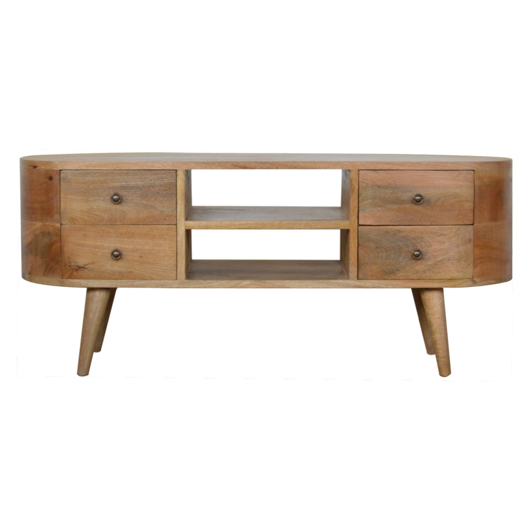 Solid Mango Wood Rounded Media Unit with 4 Drawers, 2 Open Shelves & Nordic Legs | Oak Finish | 110 x 35 x 47 cm