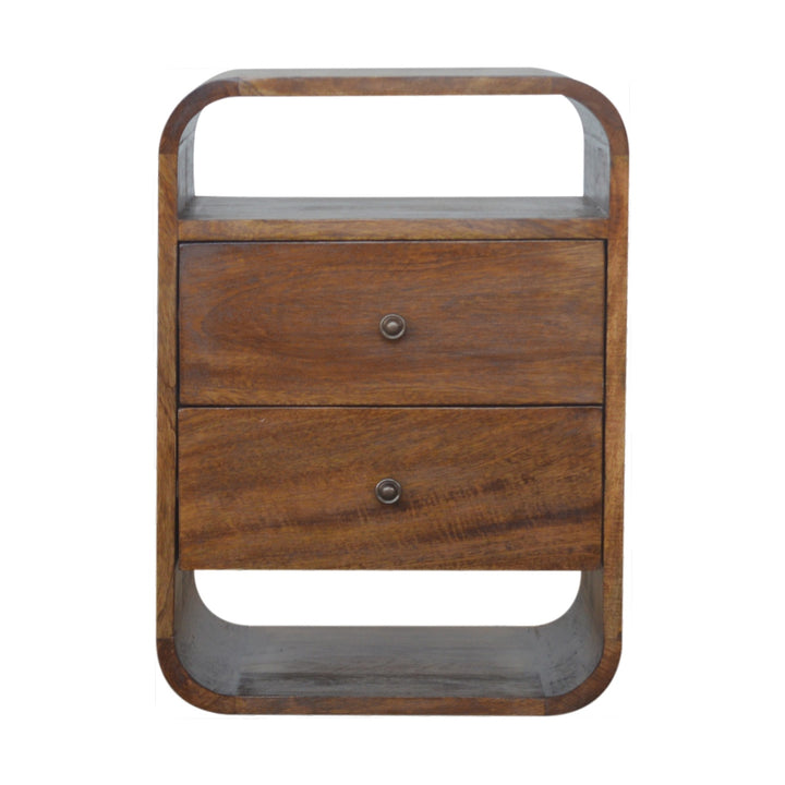 Brown Lacquered Chestnut Solid Mango Wood Curved Bedside with 2 Drawers & 2 Shelves