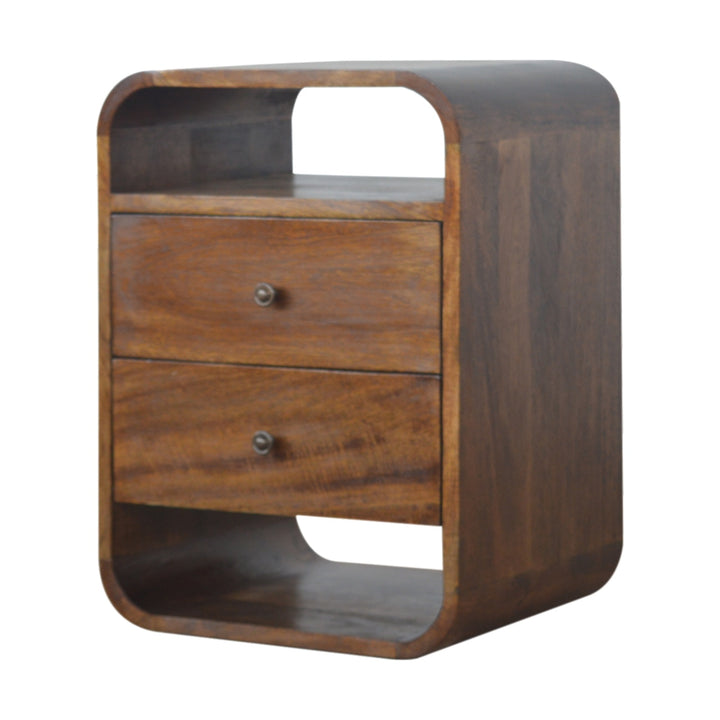 Brown Lacquered Chestnut Solid Mango Wood Curved Bedside with 2 Drawers & 2 Shelves