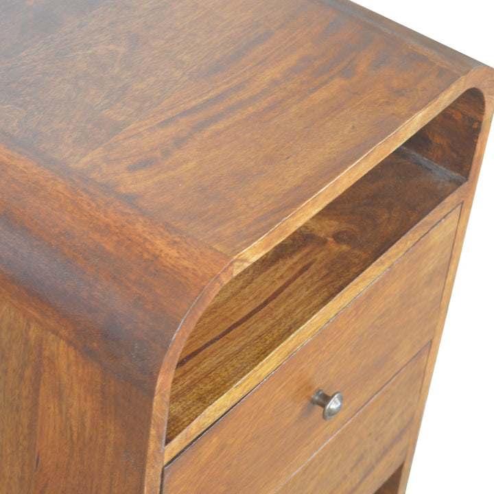 Brown Lacquered Chestnut Solid Mango Wood Curved Bedside with 2 Drawers & 2 Shelves