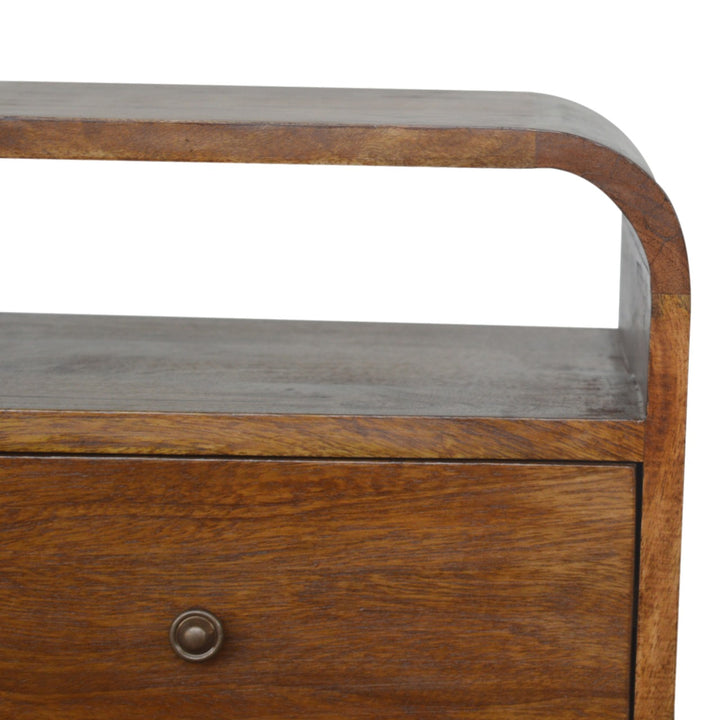 Brown Lacquered Chestnut Solid Mango Wood Curved Bedside with 2 Drawers & 2 Shelves