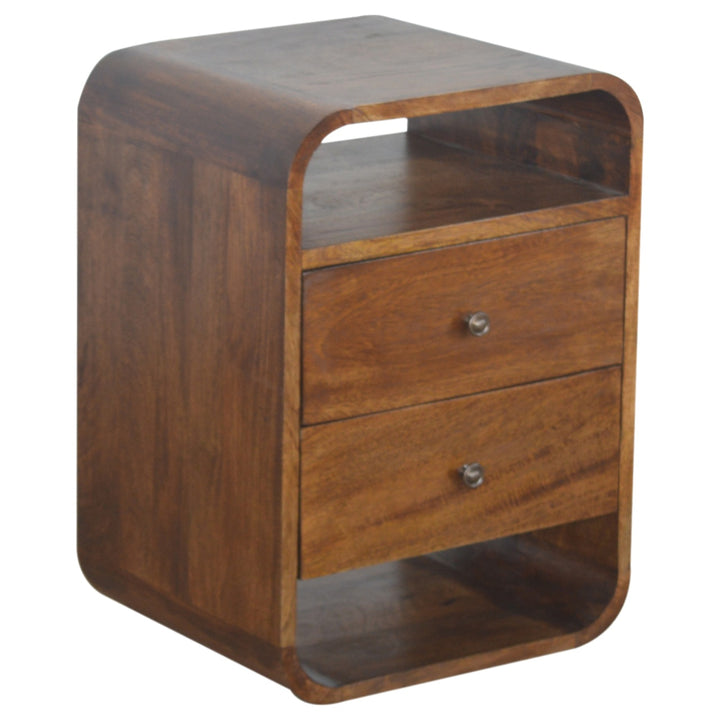 Brown Lacquered Chestnut Solid Mango Wood Curved Bedside with 2 Drawers & 2 Shelves