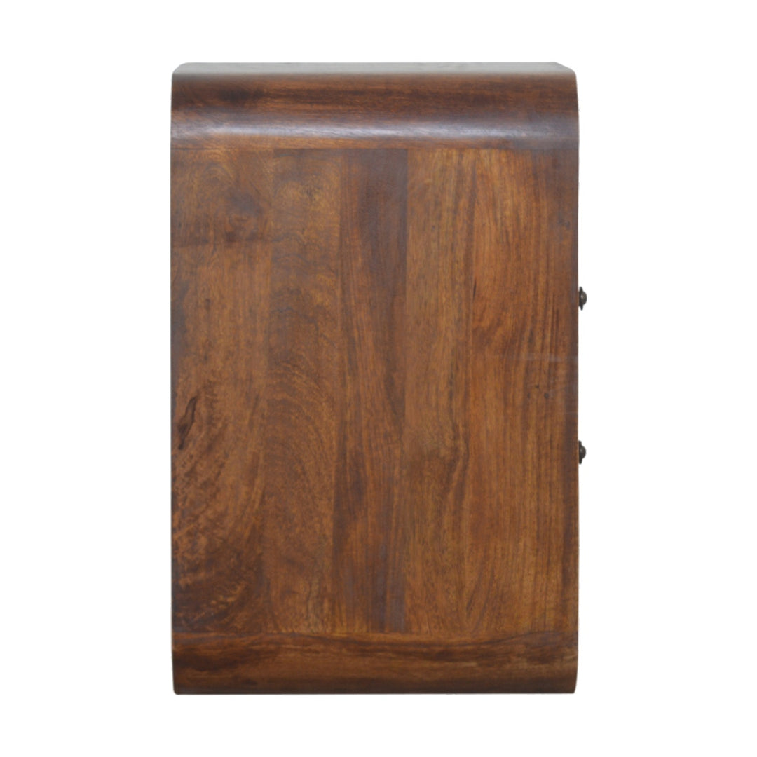 Brown Lacquered Chestnut Solid Mango Wood Curved Bedside with 2 Drawers & 2 Shelves