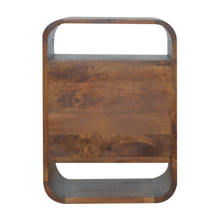 Brown Lacquered Chestnut Solid Mango Wood Curved Bedside with 2 Drawers & 2 Shelves