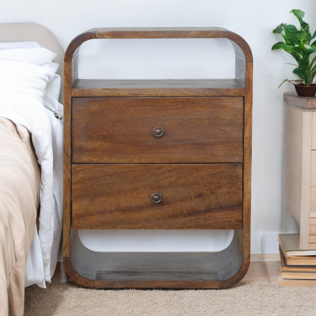 Brown Lacquered Chestnut Solid Mango Wood Curved Bedside with 2 Drawers & 2 Shelves