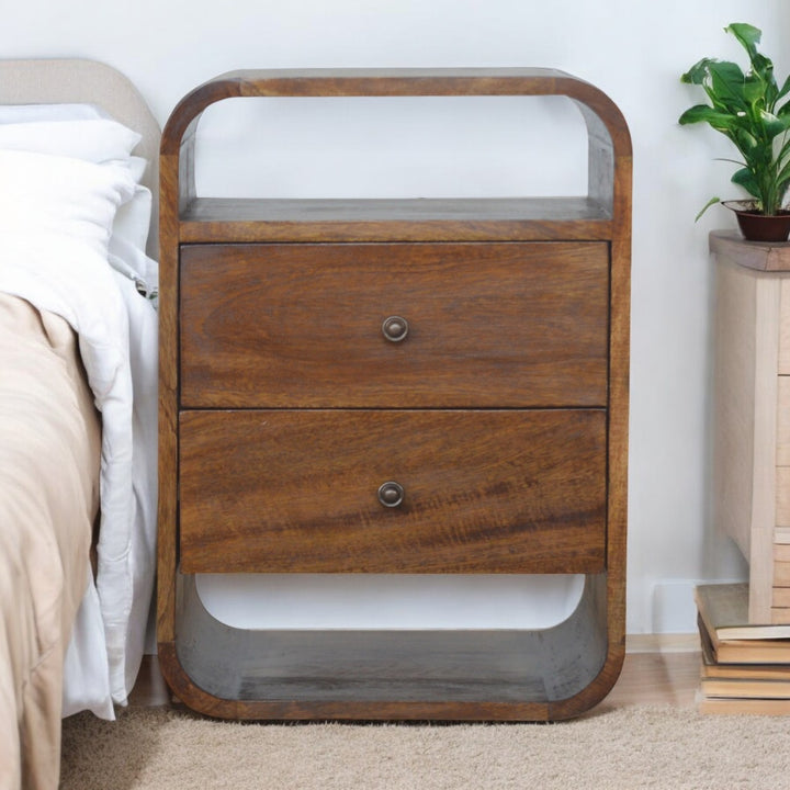 Brown Lacquered Chestnut Solid Mango Wood Curved Bedside with 2 Drawers & 2 Shelves