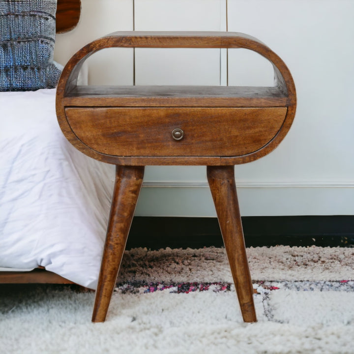 Brown Lacquered Chestnut Solid Mango Wood Circular Open Bedside with Wall-Mounted Drawer