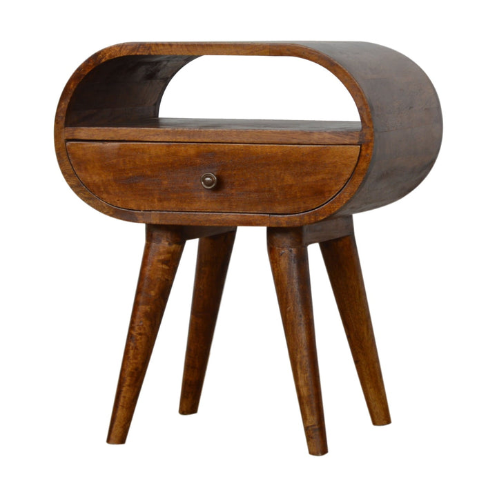 Brown Lacquered Chestnut Solid Mango Wood Circular Open Bedside with Wall-Mounted Drawer