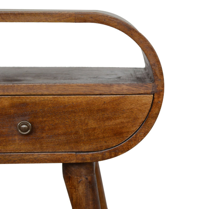 Brown Lacquered Chestnut Solid Mango Wood Circular Open Bedside with Wall-Mounted Drawer