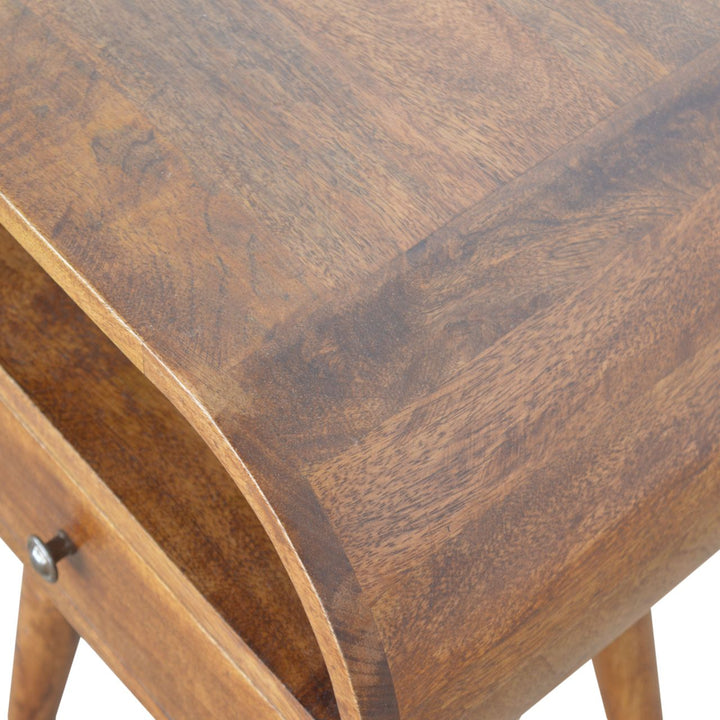 Brown Lacquered Chestnut Solid Mango Wood Circular Open Bedside with Wall-Mounted Drawer
