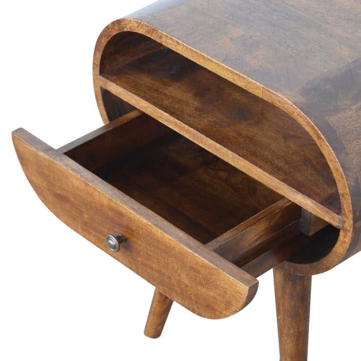Brown Lacquered Chestnut Solid Mango Wood Circular Open Bedside with Wall-Mounted Drawer