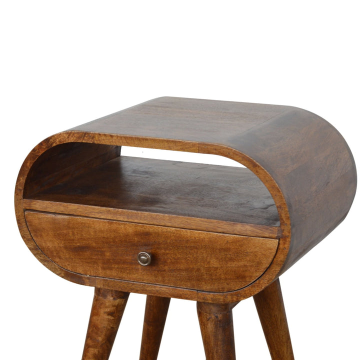 Brown Lacquered Chestnut Solid Mango Wood Circular Open Bedside with Wall-Mounted Drawer