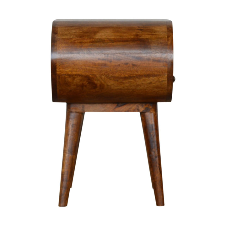 Brown Lacquered Chestnut Solid Mango Wood Circular Open Bedside with Wall-Mounted Drawer