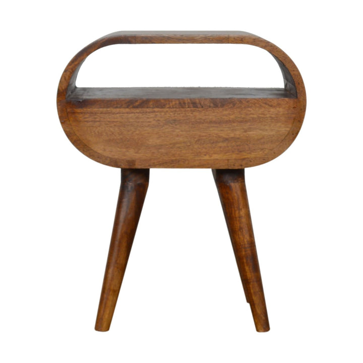 Brown Lacquered Chestnut Solid Mango Wood Circular Open Bedside with Wall-Mounted Drawer