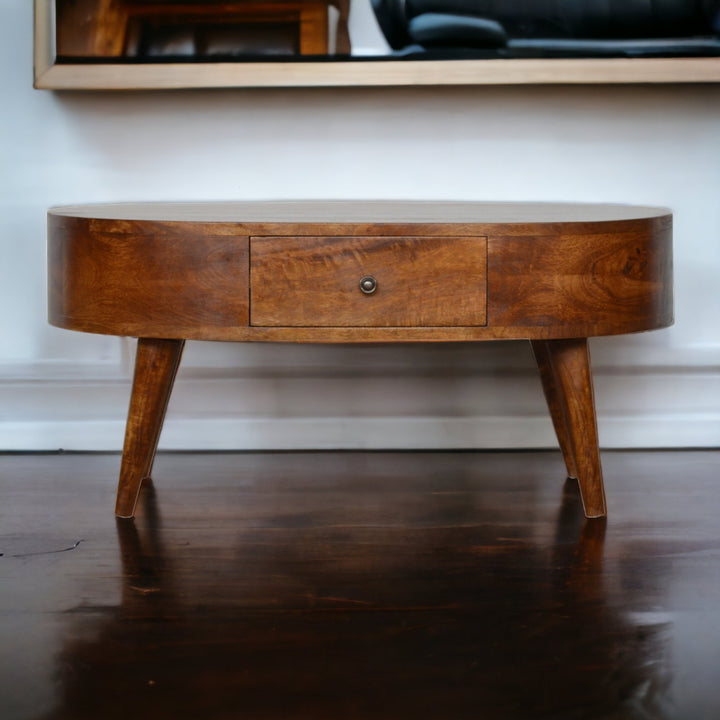 Chocolate Brown Lacquered Solid Mango Wood Round Coffee Table with 2 Drawers & Nordic Legs