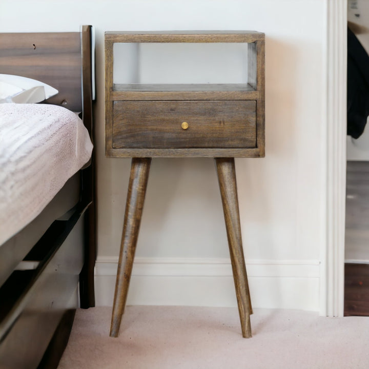 Brown Light Grey Lacquered Solid Mango Wood Mini Faded Grey Bedside Table