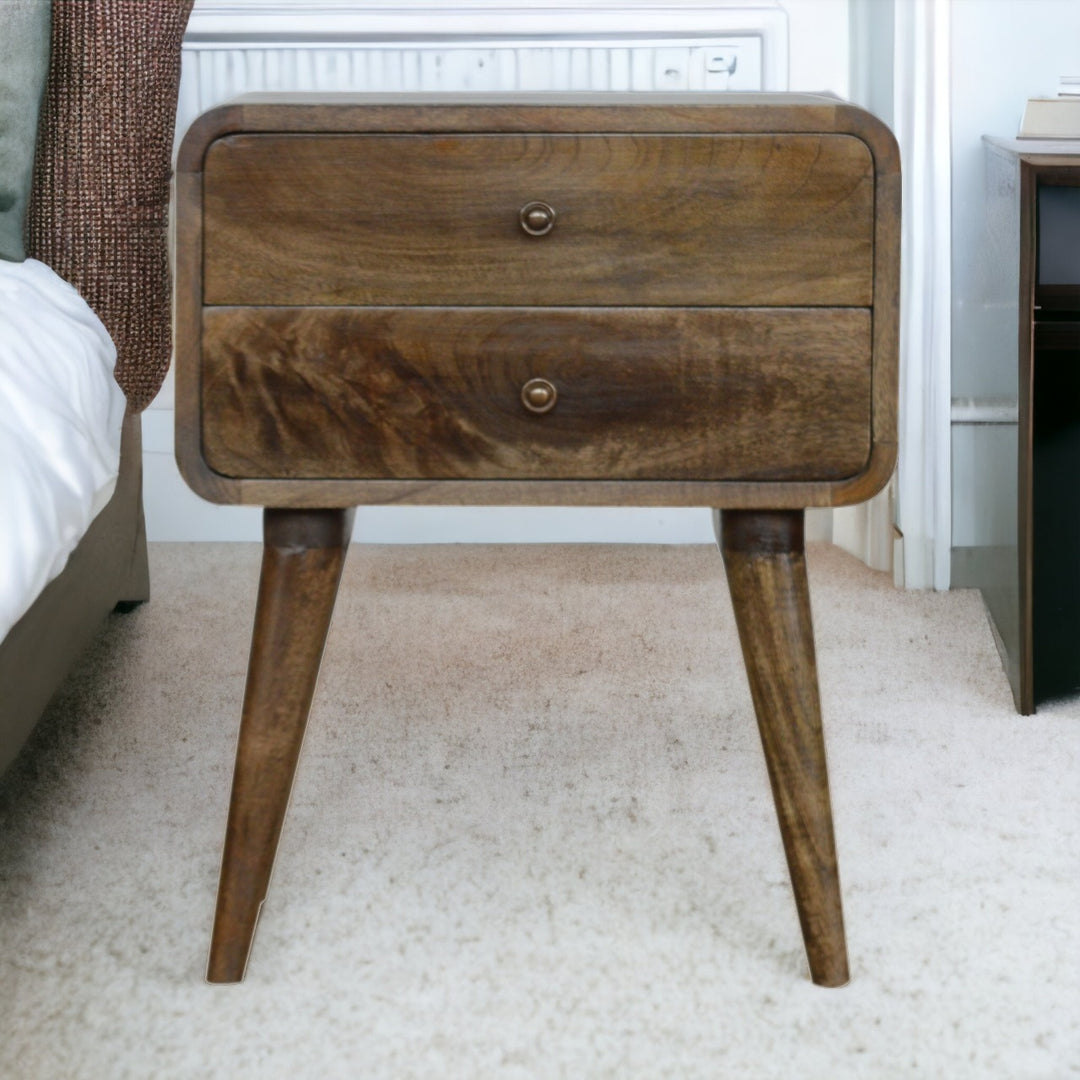 Brown Lacquered Velvet Mocha Solid Mango Wood Fluted Bench with Curved Architectural Silhouette