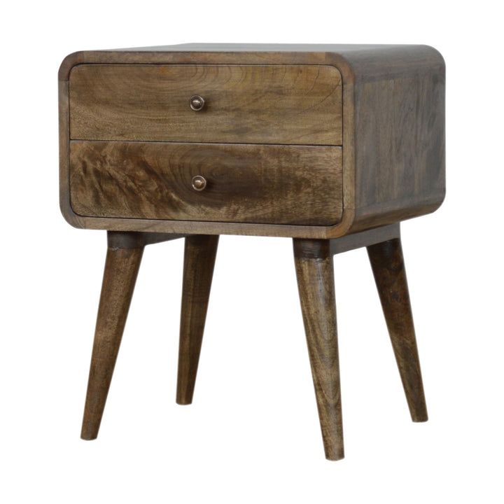 Brown Lacquered Velvet Mocha Solid Mango Wood Fluted Bench with Curved Architectural Silhouette
