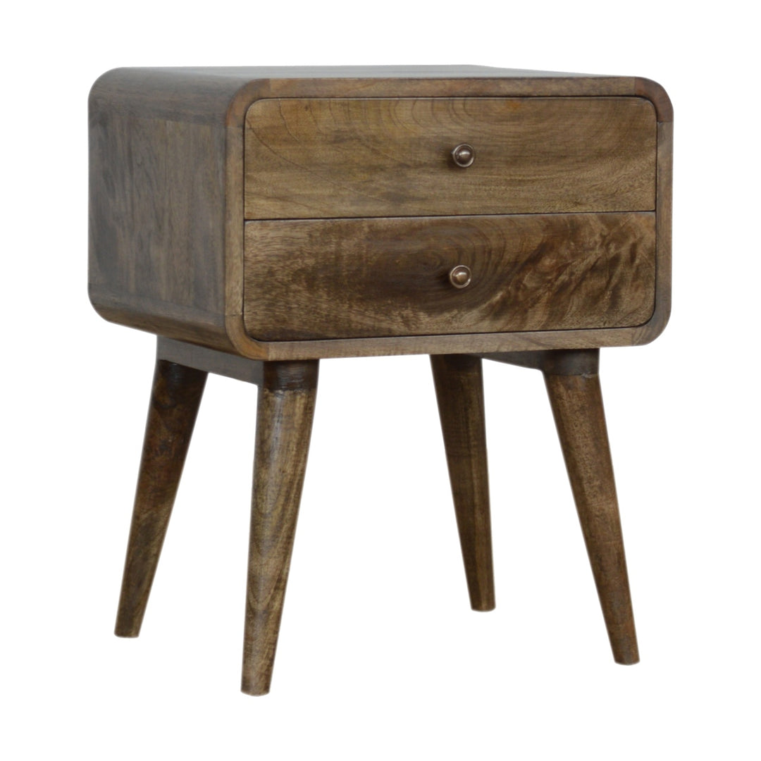 Brown Lacquered Velvet Mocha Solid Mango Wood Fluted Bench with Curved Architectural Silhouette